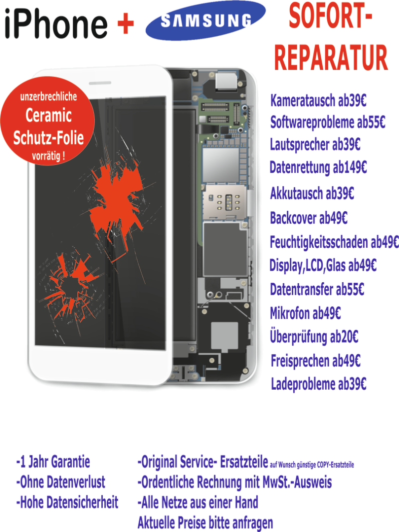 Apple iphone samsung Galaxy Reparatur Stuttgart, Display, Glas, LCD, Akku, Backcover, Kamera, Mikro, lautsprecher, Lade